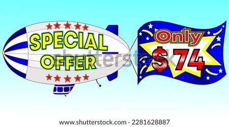 Special offer only $ 74, vector illustration, zeppelin illustration, vector for wholesale and retail trade, blue, white, yellow, red illustration. God is good always!