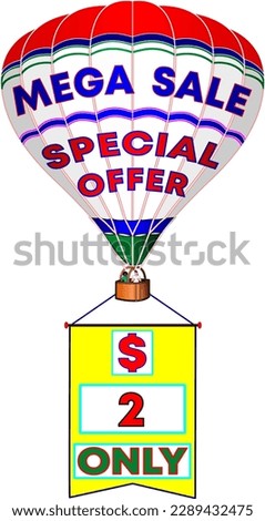Mega sale special offer only 2 dollars, white balloon vector illustration with promo banner, big illustrative promotion for wholesale and retail trade