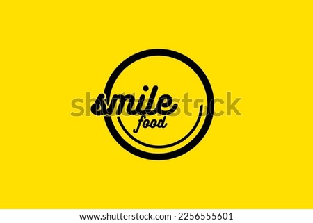 Smile Food logo. Cafe or restaurant emblem. Plate with fork, spoon and fried eggs in the yellow background.