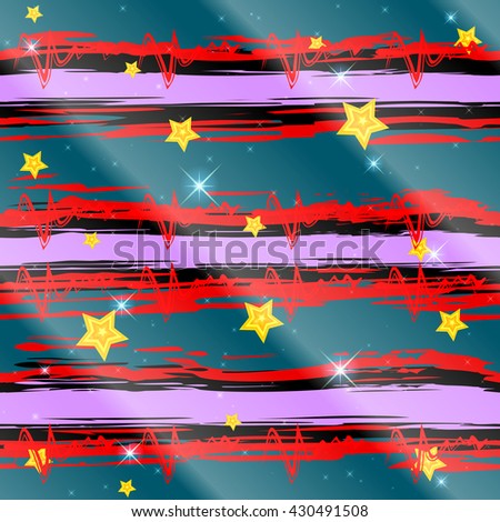 Seamless, abstract pattern with red, black and pink stripes and lines of the pulse. Blue-white background with the falling rays of light. Vector.