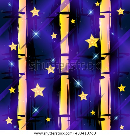 Seamless, abstract pattern with black and yellow stripes on a blue, shiny background with stars. Vector. 