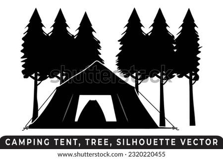 Camping tent silhouette vector, Tent and tree vector, Campsite silhouette, Outdoor adventure vector, Camping tent icon, Forest silhouette vector, Night camping scene, Night camping silhouette.