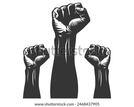 Fist silhouette set, sign of power, strength, isolated on white, raised and closed fist icons, strength, power and solidarity, Raised fist, sign of power, isolated on white