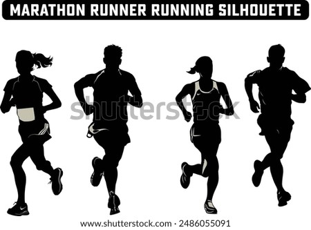 Marathon Runner Running Silhouette, Marathon run. Group of running people, men and women. Isolated vector silhouettes. People running silhouette, Running exercise healthy lifestyle.