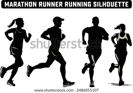 Marathon Runner Running Silhouette, Marathon run. Group of running people, men and women. Isolated vector silhouettes. People running silhouette, Running exercise healthy lifestyle.