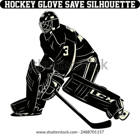 Hockey Glove Save Silhouette, Ice hockey goalie, Silhouette hockey goalie isolated on white background. Vector illustration. Ice hockey goalie, front view, isolated vector silhouette.