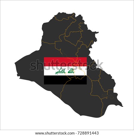 Grey map of Iraq and national flag.