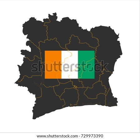 Grey map of Ivory Coast République de Côte d'Ivoire and national flag.