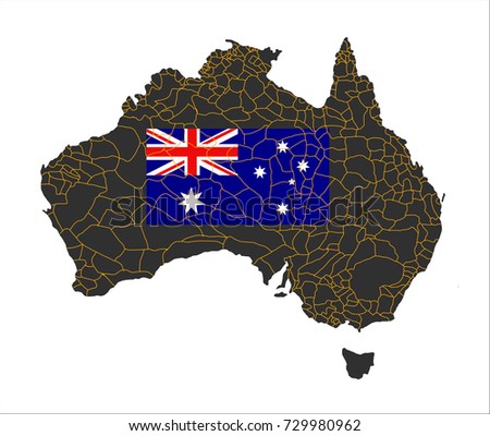 Grey map of Australia and national flag.