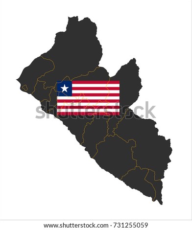 Grey map of Liberia and national flag.
