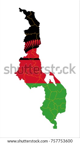 Map Of Republic of Malawi With Flag Isolated On White Background.