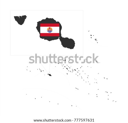Simple Grey Map Of French Polynesia (France) With Flag Isolated On White 