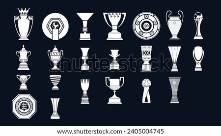 Vector graphic illustration of 22 European Football Trophies Silhouette. English, French, German, Spanish and Italian Football Trophies.