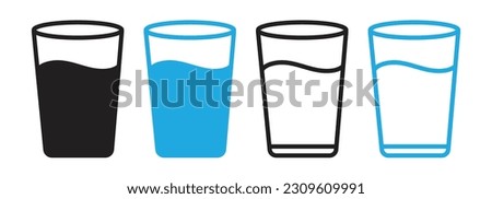 Water glass icon vector set. Drink glass flat line pictogram. Black and blue sign set on white background