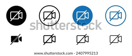 Video off social media line icon set. Digital camera disable symbol in black and blue color.