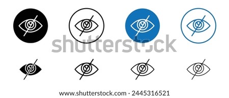 Eye crossed icon set. blind view vector sign. hidden content pictogram. hide password or sensitive information icon in black and blue color.