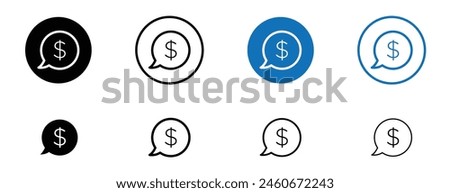 Comment dollar vector icon set. money marketing bubble sign in black and blue color.