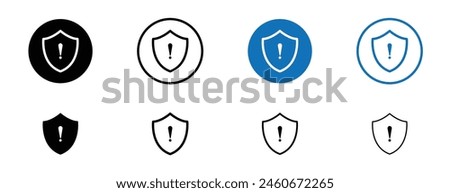 Shield exclamation vector icon set. high risk security sign in black and blue color.