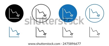 Arrow trend-down icon set. Down trend chart arrow vector sign. Negative bar graph icon. Decrease or drop in cost sign in black and blue color.