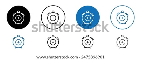 Alarm plus vector icon set. extra time vector sign. clock with plus sign in black and blue color.