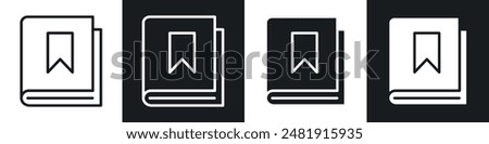 Book bookmark icon set. study book favorite page mark ribbon vector symbol in black filled and outlined style.