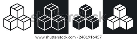 Boxes icon set. inventory cargo storage cardboard carton vector symbol. merchandise delivery parcel sign. shipping square paper box icon in black filled and outlined style.