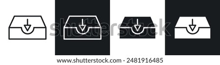 Inbox icon set. email tray with arrow vector symbol. mailbox sign. save to device button in black filled and outlined style.