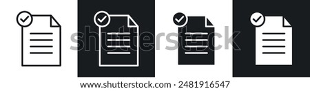 Accept document icon set. summary done sign. qualification paper with tick mark. authorize agreement paper vector symbol. request form done icon. test pass symbol in black filled and outlined style.