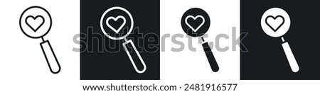 Search heart icon set. search for love vector symbol. find dating person sign in black filled and outlined style.
