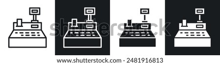 Cash register icon set. register cash machine vector symbol. supermarke or retail store checkout counter cash register machine symbol in black filled and outlined style.