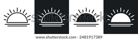 Sunrise icon set. morning sunshine sign. sea sunset vector symbol in filled and outlined style.