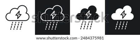 Thunderstorm icon set. lightning thunder vector symbol. cloud with thunderbolt sign in black filled and outlined style.