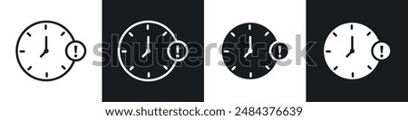 Alarm exclamation icon set. expiry date period vector symbol. schedule urgent alert alarm sign in black filled and outlined style.