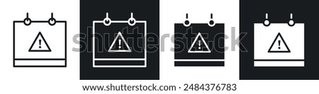 Calendar exclamation icon set. important deadline vector symbol. expiry date icon. tomorrow warning mark message calendar symbol in black filled and outlined style.