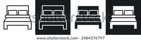 Bed icon set. bedroom or hotel double bed vector symbol in black filled and outlined style.