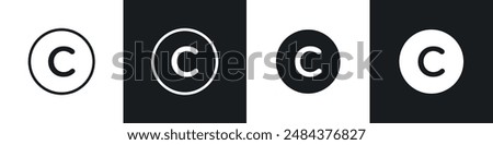 Copyright icon set. trademark copyright C reserved vector symbol. business product license C letter mark. copyright protection legal C sign in black filled and outlined style.