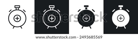 Alarm plus vector icon set in black and white filld and outlined style.