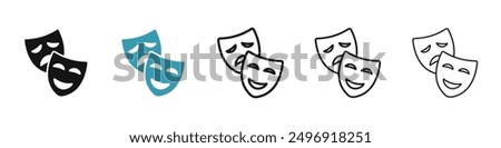 Theater masks vector icon set in black and blue colors