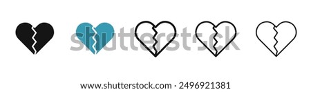 Heart Crack vector icon set in black and blue colors