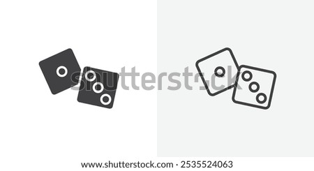 Pair of dice icon in black filled and thin line stroke.