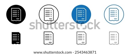 Paper receipt icon set in black and blue colors