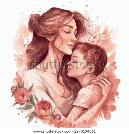 mother and son mothers day watercolor flowers white background 