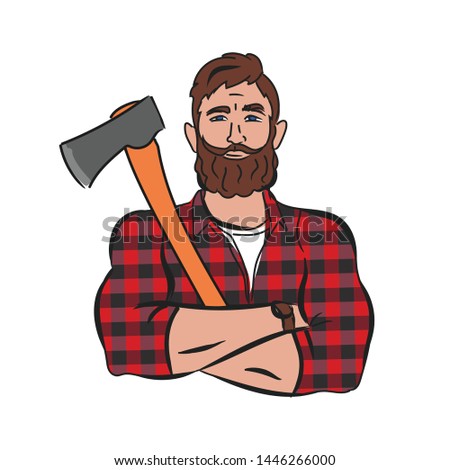 Vector illustration, 
strong man, canadian lumberjack with an ax in a plaid shirt