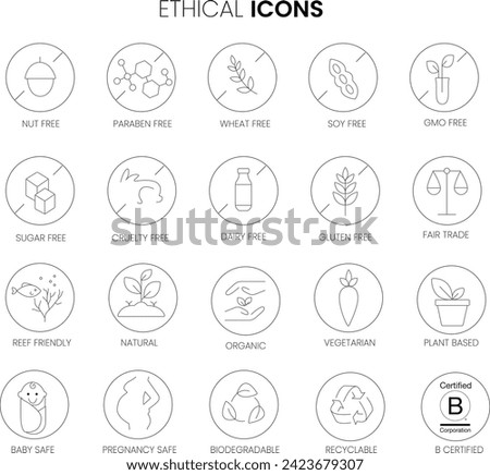 Vector Thin Line Icons. Ethical icons,   Vegetarian, B corp, Outline icons collection. Print and web icons