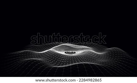 3D futuristic circle wave. Abstract digital background. Glowing music sound wave with dots and lines. Vector technology backdrop with moving white particles. Graphic effect network connection.