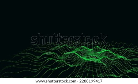 3D futuristic circle wave. Abstract digital background. Glowing music sound wave with dots and lines. Vector technology backdrop with moving green particles. Graphic effect network connection.