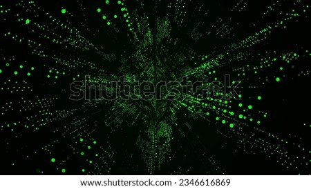 Vector cyber futuristic speed tunnel. Sci-fi green wormhole. Matrix technology decoder. Abstract 3D wireframe portal with connections lines and dots. Data flow. Technology funnel with dots.