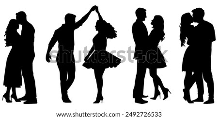 Romantic Couples Silhouettes, Happy People,Love, Happiness, Man, Women, Dance, Kiss, Lovers, Family, Black, Isolated, Vector Illustration	