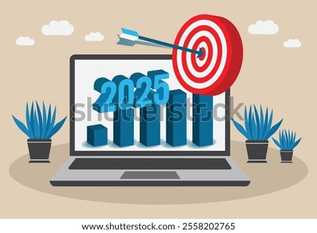 Strategic Business Goals and Growth Targets for 2025 Displayed on Laptop Screen with Arrow Hitting Bullseye.