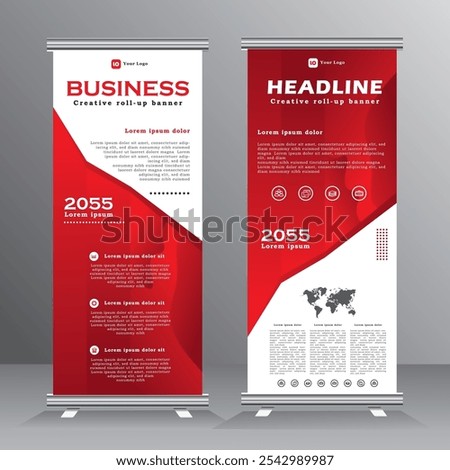 Abstract roll up banner vertical template design with red colour, Vector vertical banner for brochure, business, flyer, modern x-banner and stand, standee for advertising. vector eps 10